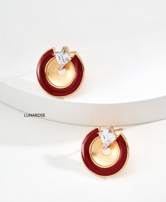 My Store “Golden Orbit” Retro Red Enamel & Zircon Stud Earrings Earrings