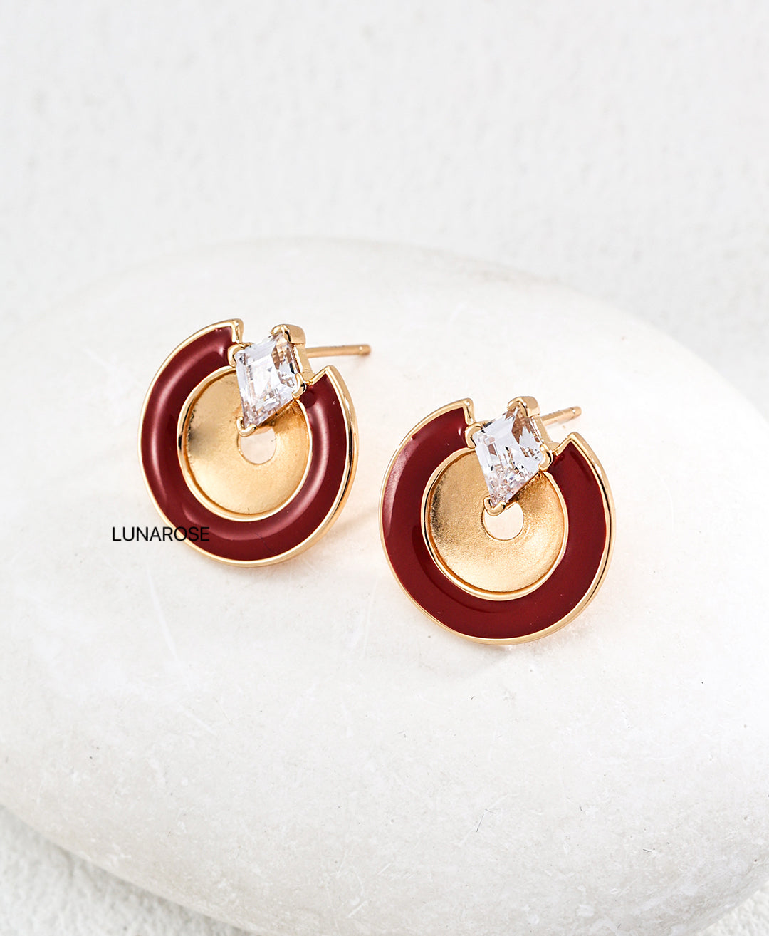My Store “Golden Orbit” Retro Red Enamel & Zircon Stud Earrings Earrings