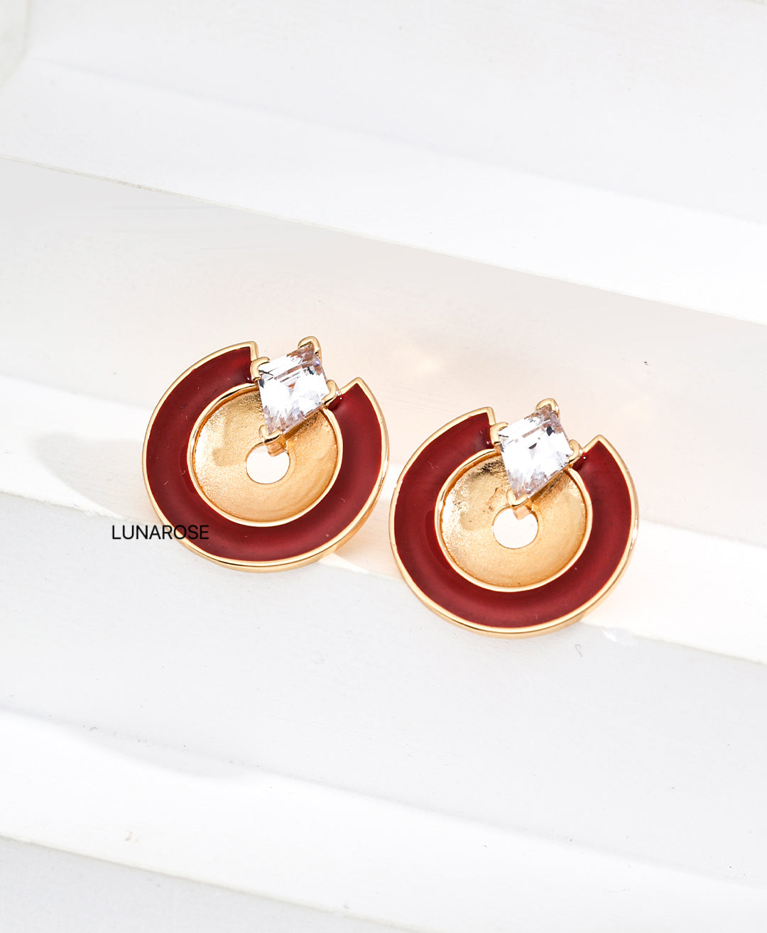 My Store “Golden Orbit” Retro Red Enamel & Zircon Stud Earrings Earrings