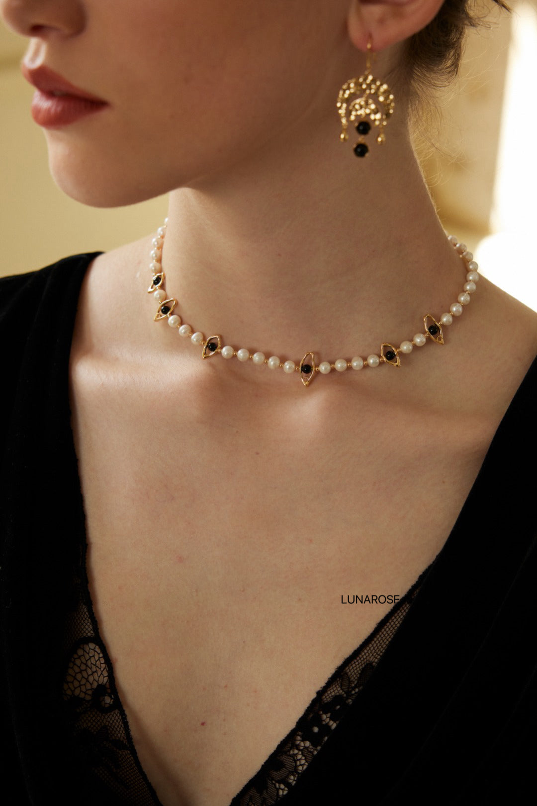 My Store Black Agate Evil Eye Accents Pearl necklace