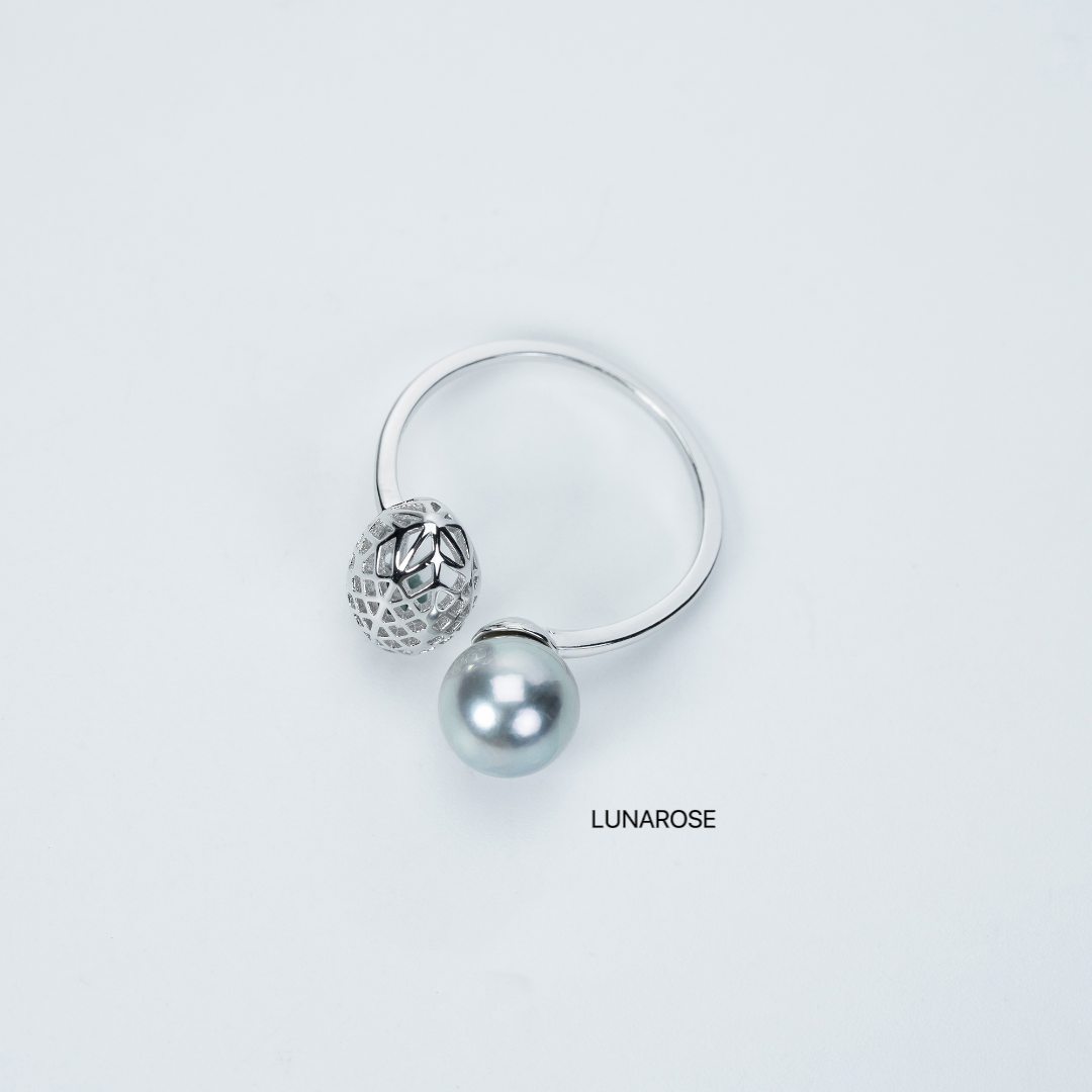 My Store Modern Bloom — Akoya Pearl & Leaf Open Ring Ring