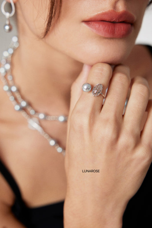 My Store Modern Bloom — Akoya Pearl & Leaf Open Ring Ring