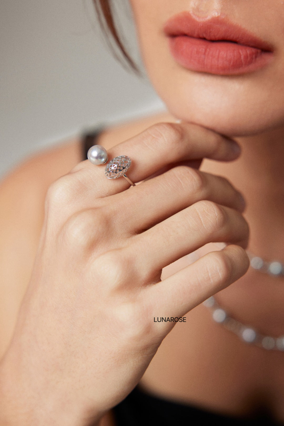 My Store Modern Bloom — Akoya Pearl & Leaf Open Ring Ring